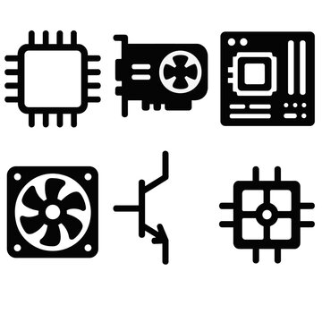 Brutalist Tech Icons. Computer Processing silhouette icon set: CPU chip, GPU card, motherboard, cooling fan, transistor symbol, processing core diagram.