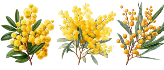 A vibrant collection of blooming yellow mimosa flowers, showcasing their delicate petals and lush green leaves, set against a simple white background, ideal for botanical illustrations