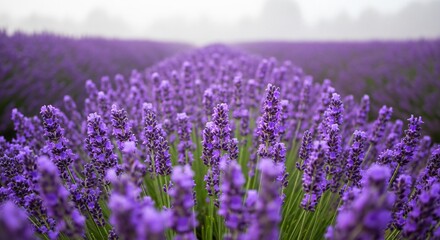 Obraz premium Closeup view of vibrant purple lavender flowers in a field, with a soft, blurred background of more lavender under a hazy sky