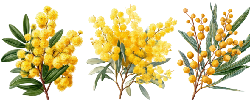 A vibrant collection of blooming yellow mimosa flowers, showcasing their delicate petals and lush green leaves, set against a simple white background, ideal for botanical illustrations