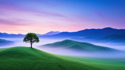 Beauty meadow covered in mist, giving a mystical and ethereal atmosphere to the scene.