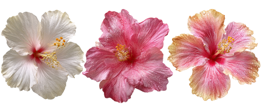 A vibrant display of three hibiscus flowers showcasing their unique colors and structures against a transparent background, ideal for botanical illustrations or floral design projects - Powered by Adobe