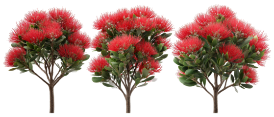 A vibrant trio of blooming red flowers with lush green leaves, arranged artistically on a transparent background, ideal for decorative purposes or nature-themed projects