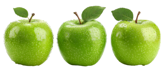 Three fresh green apples with vibrant leaves, arranged neatly against a transparent background, showcasing their glossy texture and water droplets, ideal for food-related content