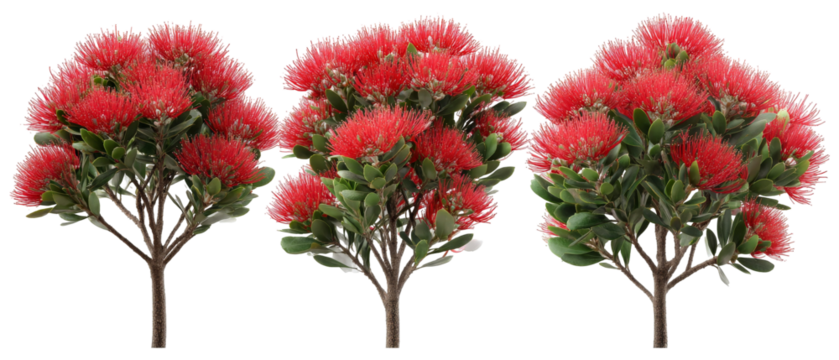 A vibrant trio of blooming red flowers with lush green leaves, arranged artistically on a transparent background, ideal for decorative purposes or nature-themed projects