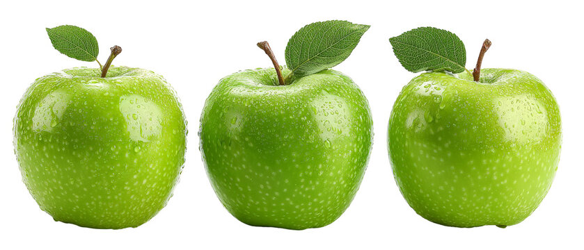 Three fresh green apples with vibrant leaves, arranged neatly against a transparent background, showcasing their glossy texture and water droplets, ideal for food-related content