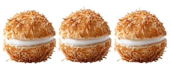 Three round, golden-brown coconut desserts filled with creamy white frosting, arranged symmetrically on a clean background, ideal for dessert menus or culinary presentations