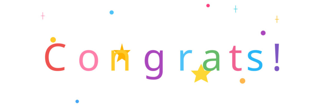 Multicolored text spells "Congrats!" with letters in red, orange, yellow, purple, green, and blue - Powered by Adobe