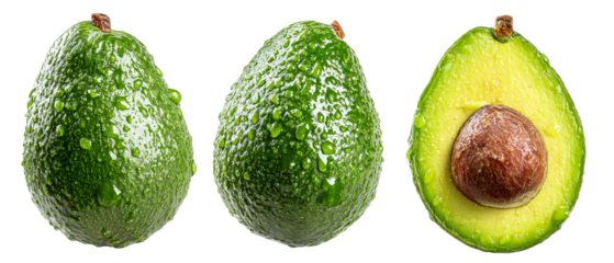 A trio of fresh, glistening avocados showcasing their vibrant green skin, with one cut open revealing the creamy interior and seed, set against a clean, white background for emphasis