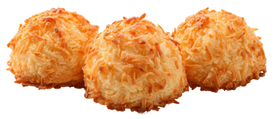 Three golden coconut macaroons arranged closely on a clean surface, showcasing their crispy texture and inviting appearance, perfect for dessert displays or culinary articles
