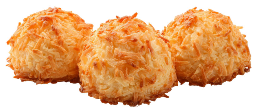 Three golden coconut macaroons arranged closely on a clean surface, showcasing their crispy texture and inviting appearance, perfect for dessert displays or culinary articles