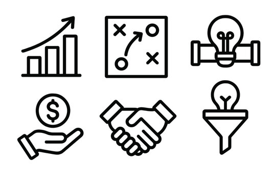 Business Innovation Icons. Business Innovation linear icon set: growth chart, strategic plan, innovation pipeline, funding icon, partnership handshake, idea funnel.