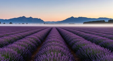 Vast lavender field at sunrise with rolling hills and mist in the background