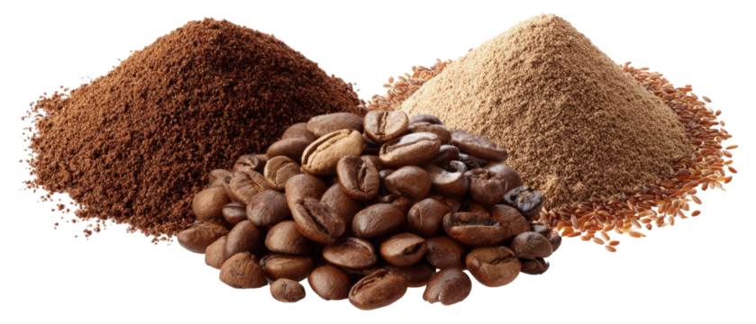 A close-up view of various types of coffee grounds and beans arranged in piles, showcasing the rich textures and colors, perfect for culinary use or beverage-related projects