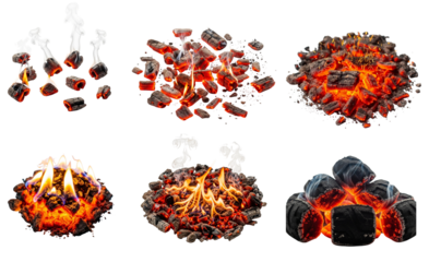 Set of glowing hot charcoal embers and burning coals with flames and smoke transparent PNG