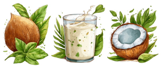 A refreshing coconut drink surrounded by lush green leaves and whole coconuts, depicting a tropical vibe perfect for summer-themed promotions and healthy lifestyle content