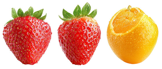 Three vibrant strawberries and a segmented orange, showcasing fresh fruit arrangement on a clean surface, ideal for culinary or health-related content