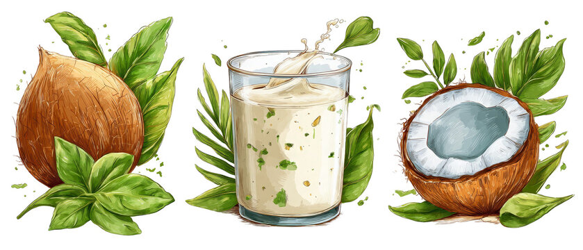 A refreshing coconut drink surrounded by lush green leaves and whole coconuts, depicting a tropical vibe perfect for summer-themed promotions and healthy lifestyle content