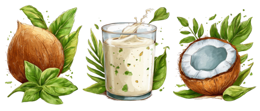 A refreshing coconut drink surrounded by lush green leaves and whole coconuts, depicting a tropical vibe perfect for summer-themed promotions and healthy lifestyle content