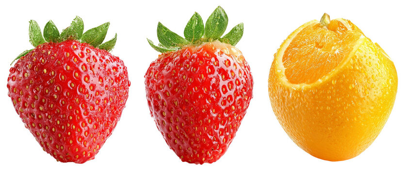 Three vibrant strawberries and a segmented orange, showcasing fresh fruit arrangement on a clean surface, ideal for culinary or health-related content