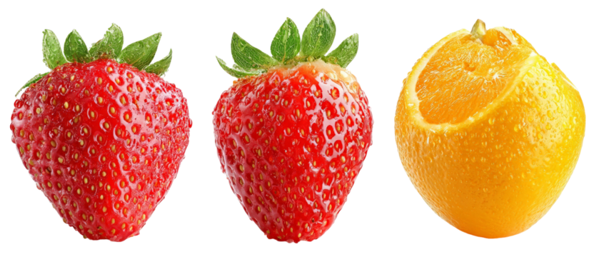 Three vibrant strawberries and a segmented orange, showcasing fresh fruit arrangement on a clean surface, ideal for culinary or health-related content