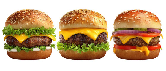 A vibrant display of three delicious cheeseburgers, each with fresh lettuce, melted cheese, and various toppings, set against a clean background, ideal for food advertising or menu design