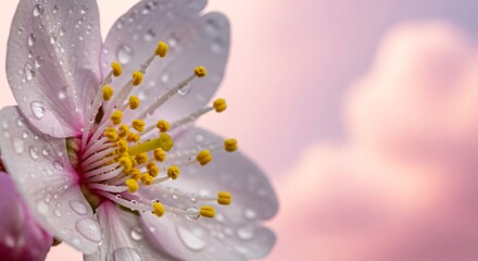 Fototapeta premium A single pale pink cherry blossom with water droplets sits in soft focus against a dreamy pink and purple cloudy sky