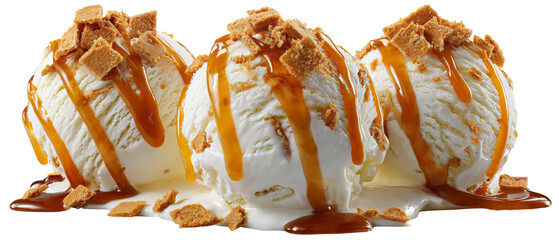 Three scoops of creamy vanilla ice cream drizzled with rich caramel sauce and topped with crunchy biscuit pieces, set against a clean white background, ideal for dessert promotion