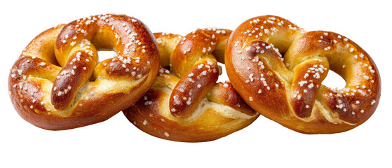 Three freshly baked, golden-brown pretzels sprinkled with coarse salt, arranged appetizingly on a white background, suggesting a delicious snack option for gatherings or events