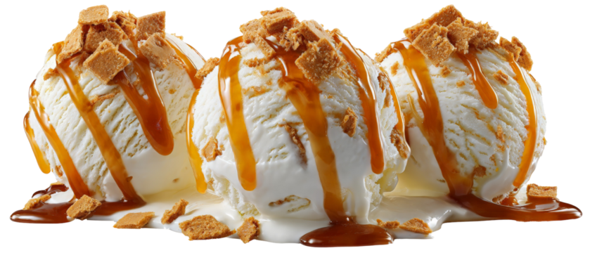 Three scoops of creamy vanilla ice cream drizzled with rich caramel sauce and topped with crunchy biscuit pieces, set against a clean white background, ideal for dessert promotion
