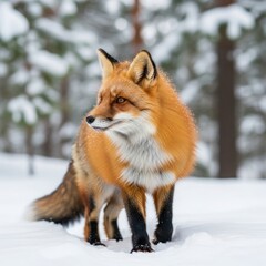 Obraz premium A majestic red fox standing in the snow in a forest looking to the left on a winter day