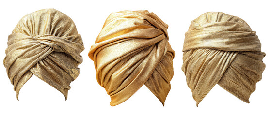 A stunning display of three intricately wrapped golden turbans, showcasing the elegance and craftsmanship of traditional headwear, set against a clean, neutral background