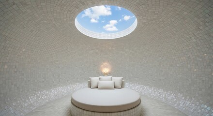 Unique round room with skylight and round bed in a modern design