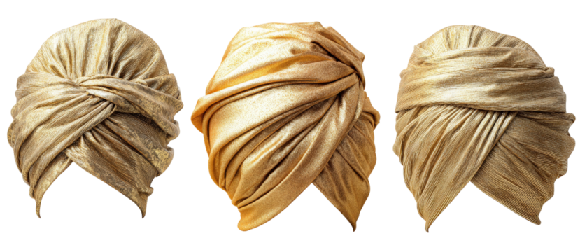 A stunning display of three intricately wrapped golden turbans, showcasing the elegance and craftsmanship of traditional headwear, set against a clean, neutral background
