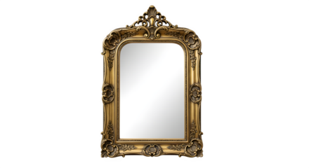 An ornate goldframed mirror with intricate detailing, adding a touch of vintage elegance and sophistication to any space