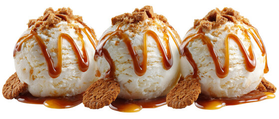 Three scoops of creamy vanilla ice cream drizzled with caramel sauce, garnished with crushed cookies, set against a clean white background, perfect for dessert promotions