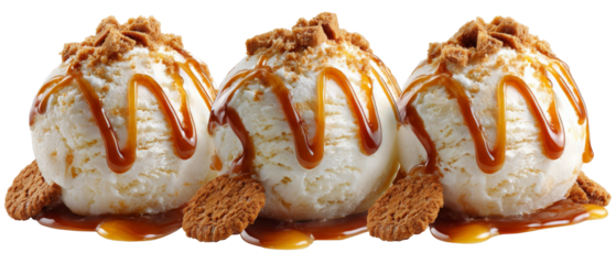 Three scoops of creamy vanilla ice cream drizzled with caramel sauce, garnished with crushed cookies, set against a clean white background, perfect for dessert promotions