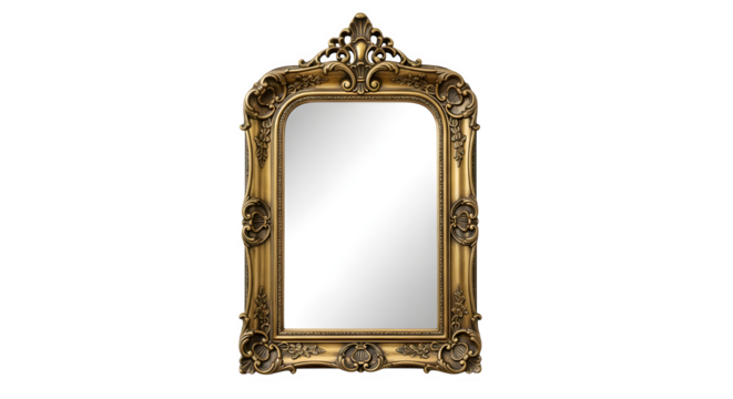 An ornate goldframed mirror with intricate detailing, adding a touch of vintage elegance and sophistication to any space