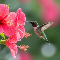 Obraz premium Rubythroated hummingbird sips nectar from a vibrant pink hibiscus flower in a garden setting