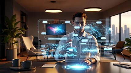 A business professional interacts with a futuristic holographic interface displaying complex data visualizations, analytics charts, neural network diagrams, and digital communication elements. - Powered by Adobe