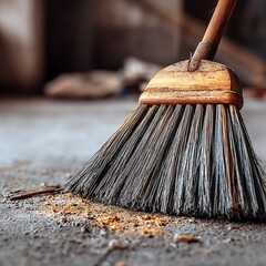 High quality image of closeup of a broom sweeping dirt and debris on the dirty floor.