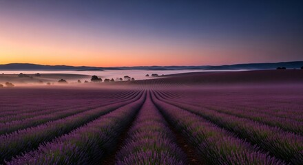 A breathtaking sunrise over a lavender field, with rows of purple flowers stretching towards the horizon under a soft, misty sky
