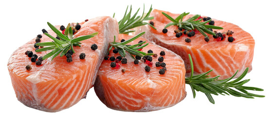 Fresh salmon fillets garnished with herbs and spices, arranged artfully on a white background, ideal for culinary presentations or food-related projects