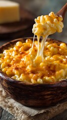 High quality image of delicious homemade macaroni and cheese being served in a rustic bowl.