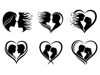 Collection of lovely silhouettes of couples in love, in heart shapes, perfect for Valentine's Day