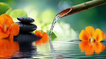 Calming water feature with bamboo and stones for wellness and meditation