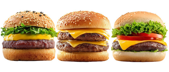A vibrant display of three delicious burgers featuring fresh lettuce, melted cheese, and juicy patties, set against a clean background, perfect for food advertising or menu design