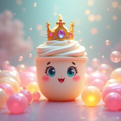 Cute kawaii princess cupcake with crown and sparkling bubbles