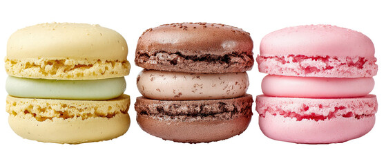 A vibrant display of three delicious macarons in pastel colors, showcasing a yellow, brown, and pink macaron stacked elegantly, set against a clean white background, ideal for dessert promotions