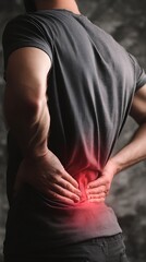 High quality image of man with lower back pain highlighted in red, concept of health and medicine.